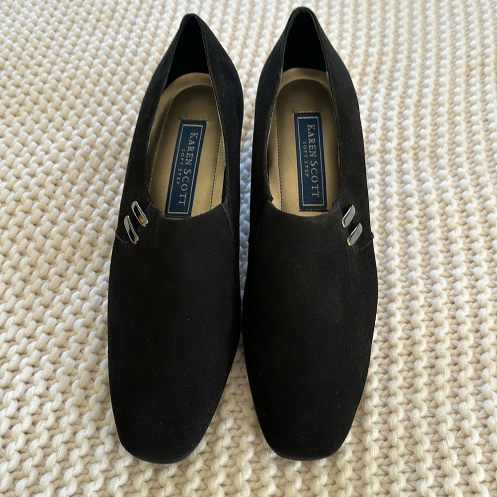 Karen Scott Soft Step Riley Brown Suede Square Toe Low Block-Heel Slip On Shoe